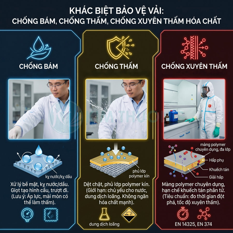 Ba phương pháp bảo vệ vải gồm chống bám, chống thấm và chống xuyên thấm hóa chất bằng màng polymer chuyên dụng