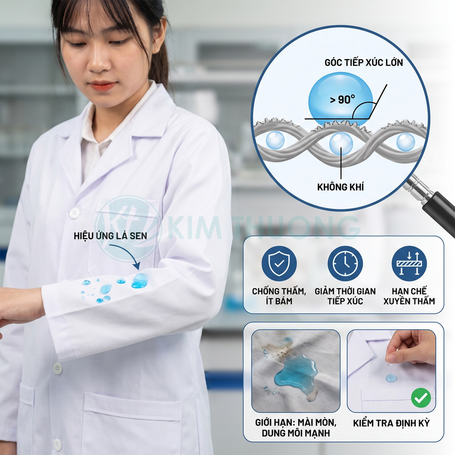 Vải áo blouse chống thấm với hiệu ứng lá sen, giúp hạn chế bám nước và giảm thời gian tiếp xúc với chất lỏng