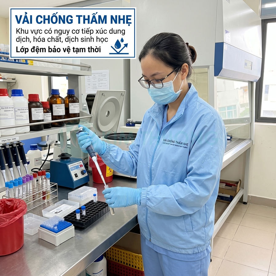 Nhân viên phòng thí nghiệm mặc đồ bảo hộ vải chống thấm nhẹ đang thao tác với ống nghiệm