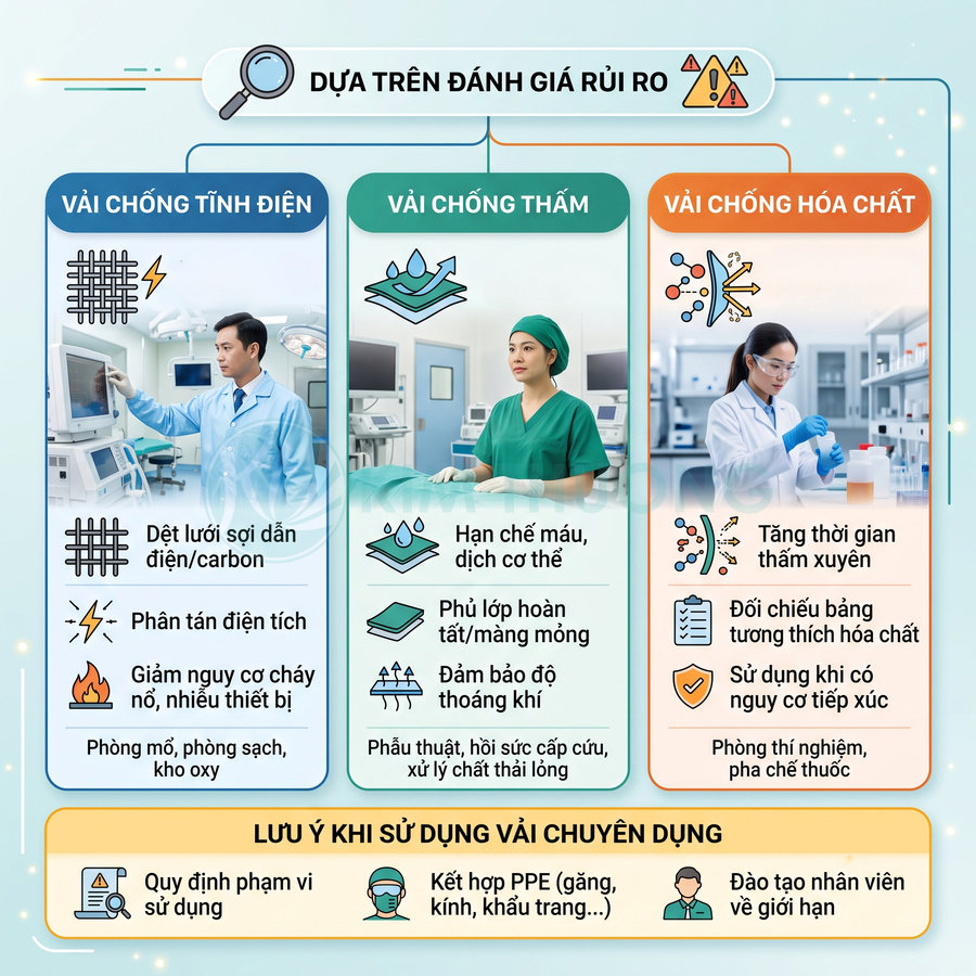 Infographic giới thiệu các loại vải chuyên dụng chống tĩnh điện, chống thấm, chống hóa chất cho môi trường y tế và phòng thí nghiệm