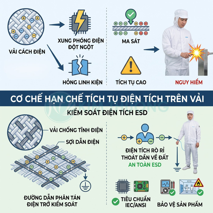Vải chống tĩnh điện ESD với sợi dẫn điện giúp phân tán điện tích, bảo vệ linh kiện và người lao động