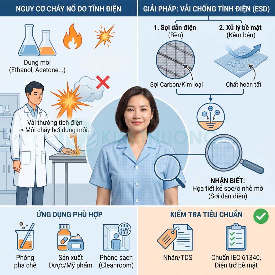 Vải chống tĩnh điện ESD với sợi carbon hoặc kim loại, dùng trong phòng sạch, pha chế và sản xuất dược mỹ phẩm