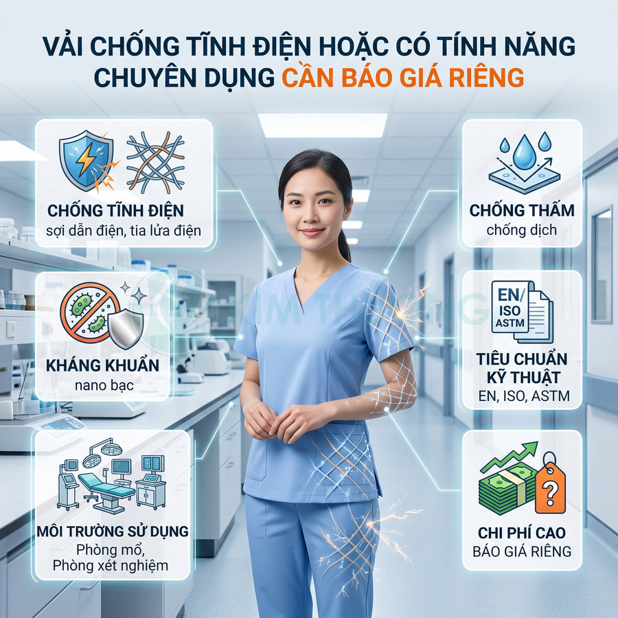 Đồng phục y tế vải chuyên dụng chống tĩnh điện, kháng khuẩn, chống thấm cho phòng mổ và phòng xét nghiệm