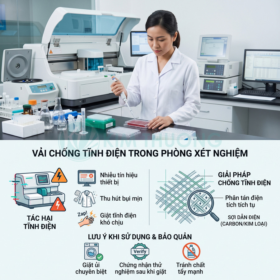 Vải chống tĩnh điện trong phòng xét nghiệm với nữ kỹ thuật viên thao tác trên bàn lab và máy móc hiện đại