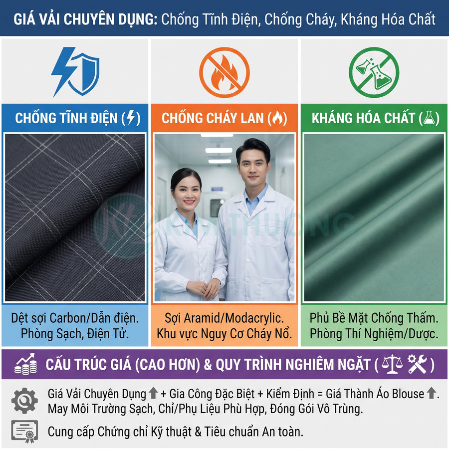 Các loại vải chuyên dụng chống tĩnh điện, chống cháy và kháng hóa chất dùng cho áo blouse phòng sạch, phòng thí nghiệm và dược phẩm