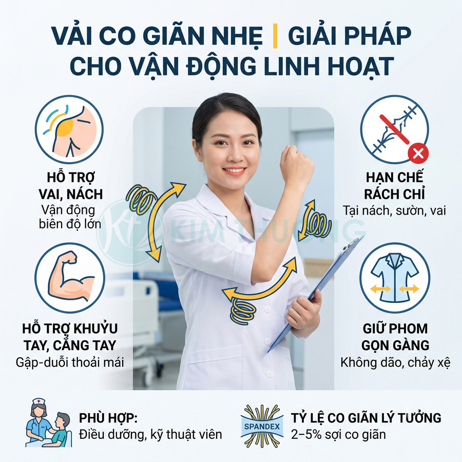 Đồng phục y tá vải co giãn nhẹ, hạn chế rách chỉ, giữ phom gọn gàng, hỗ trợ vận động linh hoạt