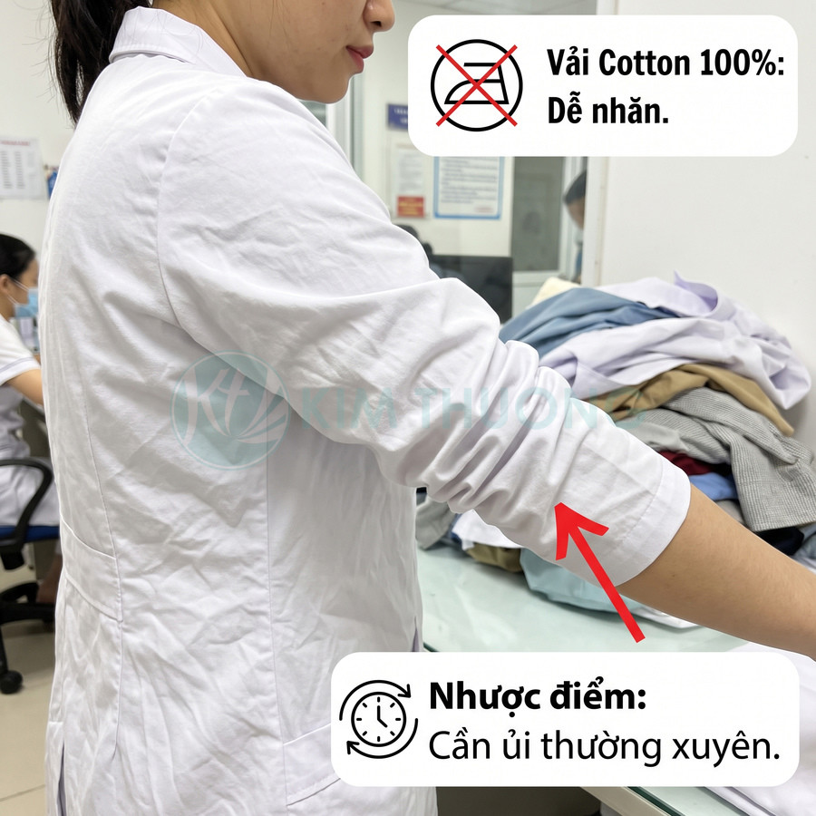 Áo sơ mi trắng vải cotton 100 phần trăm dễ nhăn, cần ủi thường xuyên