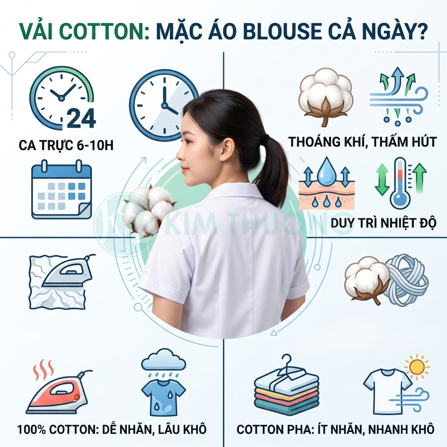 Áo blouse y khoa vải cotton thoáng khí thấm hút tốt, ít nhăn nhanh khô, phù hợp mặc cả ngày khi làm việc
