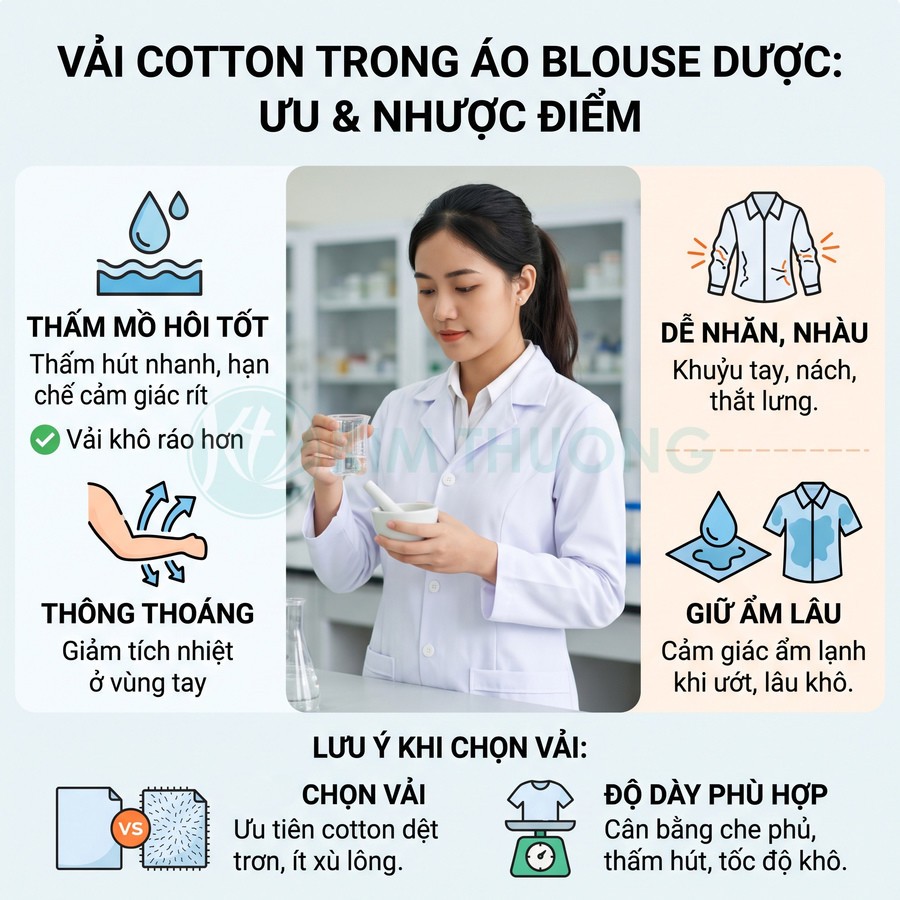 Nữ dược sĩ mặc áo blouse vải cotton trắng đang pha chế trong phòng thí nghiệm, infographic ưu nhược điểm vải cotton