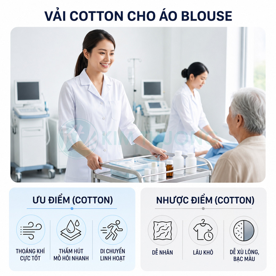 Áo blouse vải cotton cho nhân viên y tế, bác sĩ nữ chăm sóc bệnh nhân trong phòng khám hiện đại