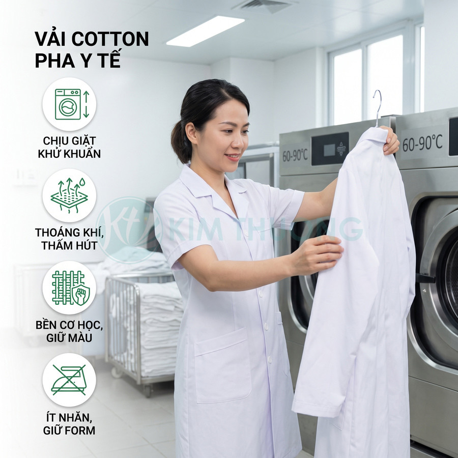 Nhân viên y tế mặc áo blouse kiểm tra áo choàng trắng vải cotton pha y tế sau khi giặt khử khuẩn trong bệnh viện