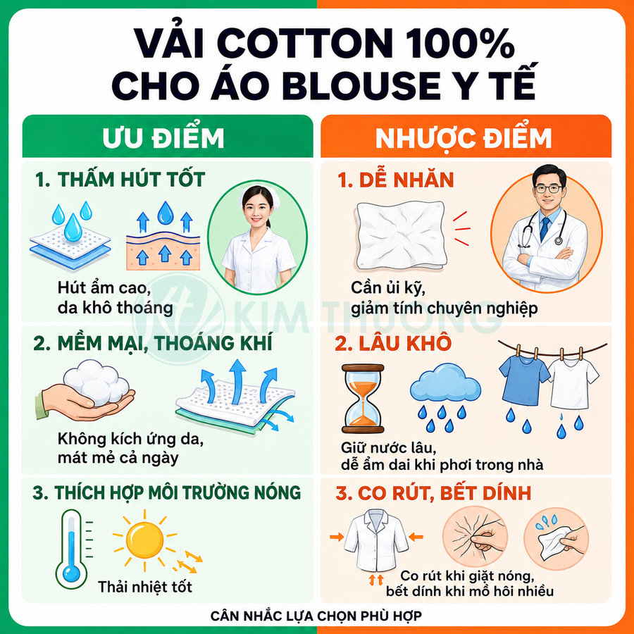 Ưu nhược điểm vải cotton 100 cho áo blouse y tế, khả năng thấm hút, thoáng khí, dễ nhăn và co rút