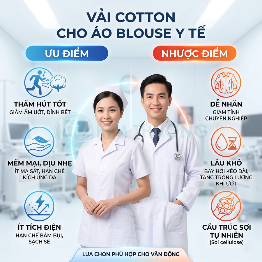 Bộ áo blouse y tế vải cotton màu trắng cho bác sĩ và y tá, giới thiệu ưu nhược điểm chất liệu