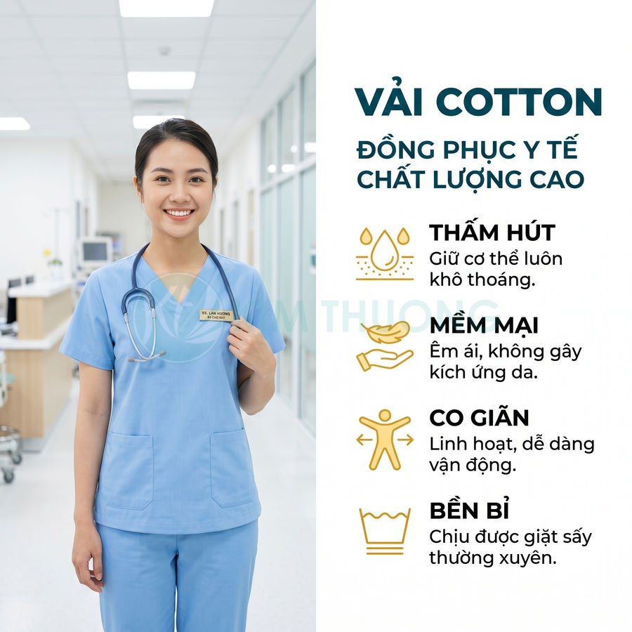 Đồng phục y tế vải cotton màu xanh dương cho nữ, thấm hút tốt, mềm mại, co giãn và bền bỉ