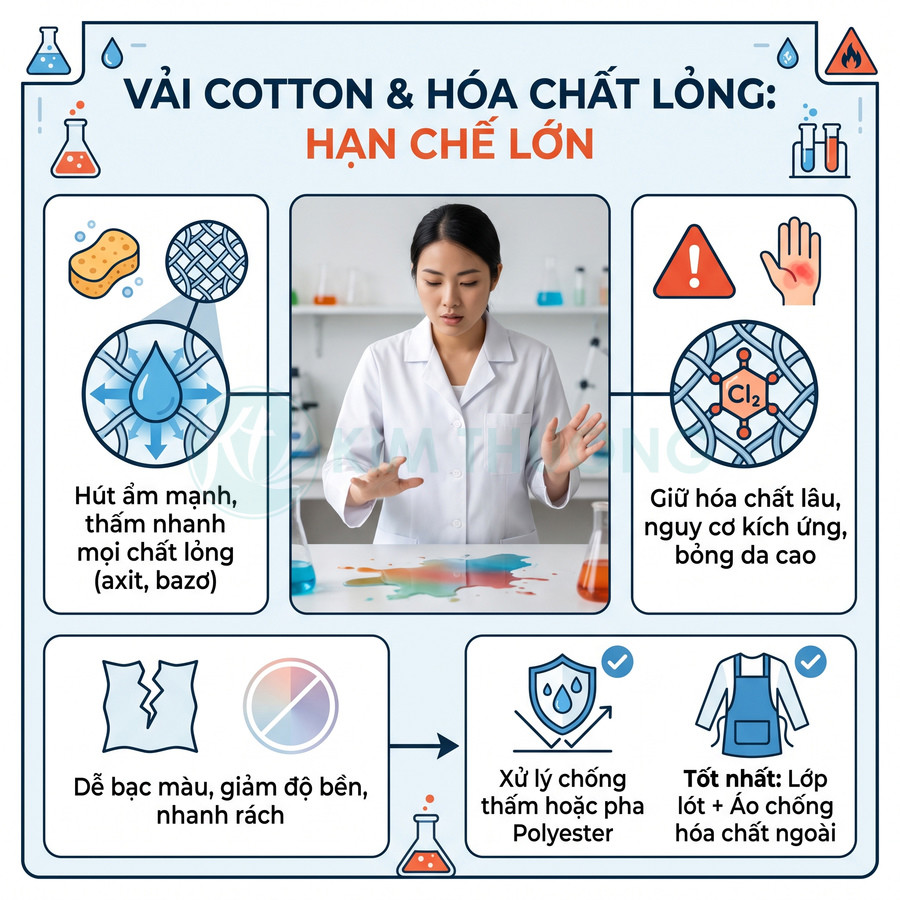 Infographic khuyến cáo vải cotton hút hóa chất lỏng, dễ bạc màu và rách, nên dùng lớp lót chống thấm hoặc áo chống hóa chất ngoài.