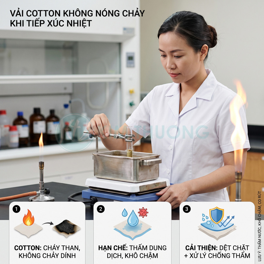 Nhân viên phòng thí nghiệm kiểm tra khả năng chịu nhiệt và chống thấm của vải cotton trên thiết bị đun nóng