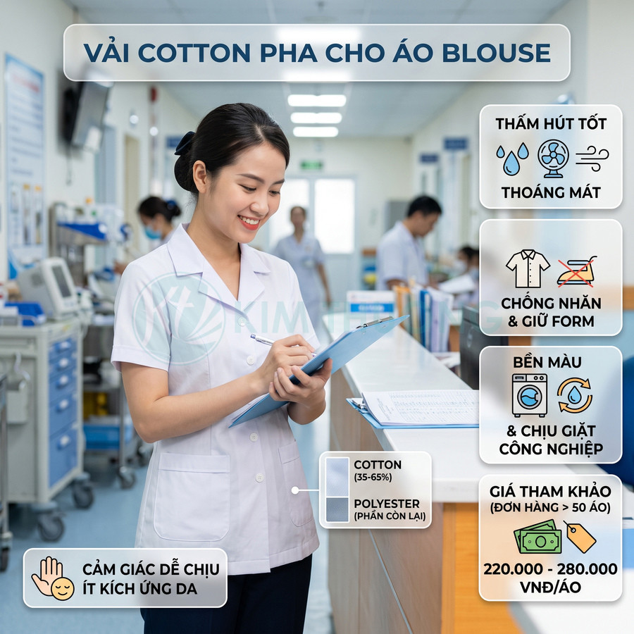 Nữ y tá mặc áo blouse vải cotton pha màu trắng đứng trong bệnh viện cầm bảng hồ sơ và mỉm cười