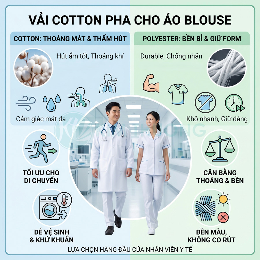 Áo blouse y tế vải cotton pha polyester, bác sĩ và y tá mặc màu trắng trong bệnh viện