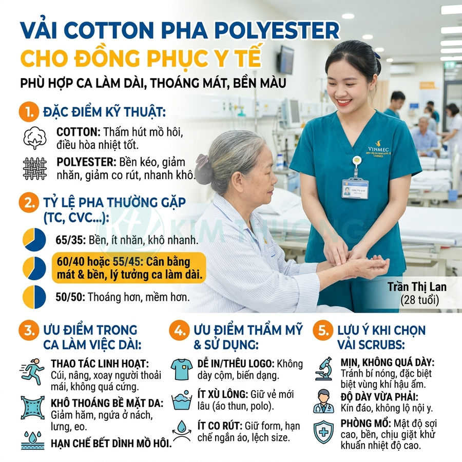 Nữ điều dưỡng Vinmec mặc đồng phục y tế vải cotton pha polyester màu xanh chăm sóc bệnh nhân cao tuổi