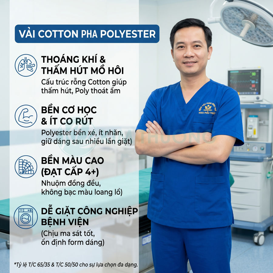 Bác sĩ mặc đồng phục y tế vải cotton pha polyester màu xanh trong phòng phẫu thuật hiện đại