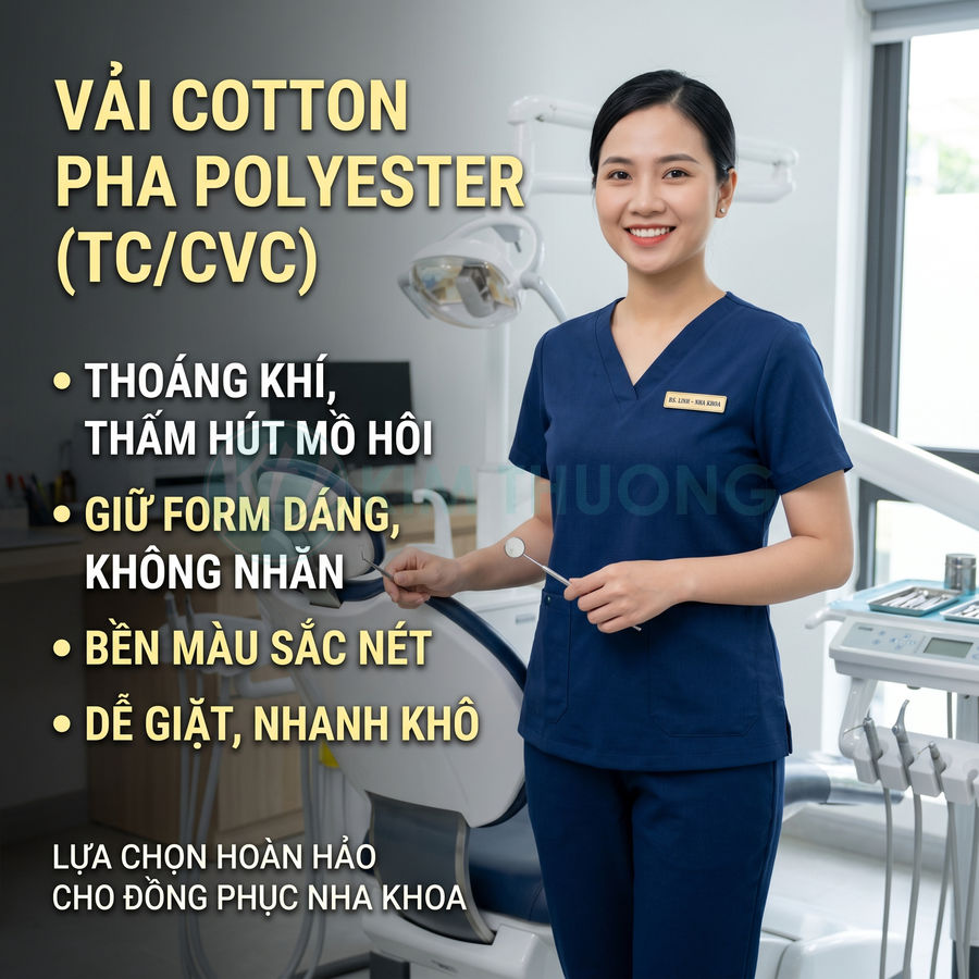 Đồng phục nha khoa vải cotton pha polyester màu xanh navy, thiết kế thoáng khí giữ form dáng, phù hợp nhân viên phòng khám