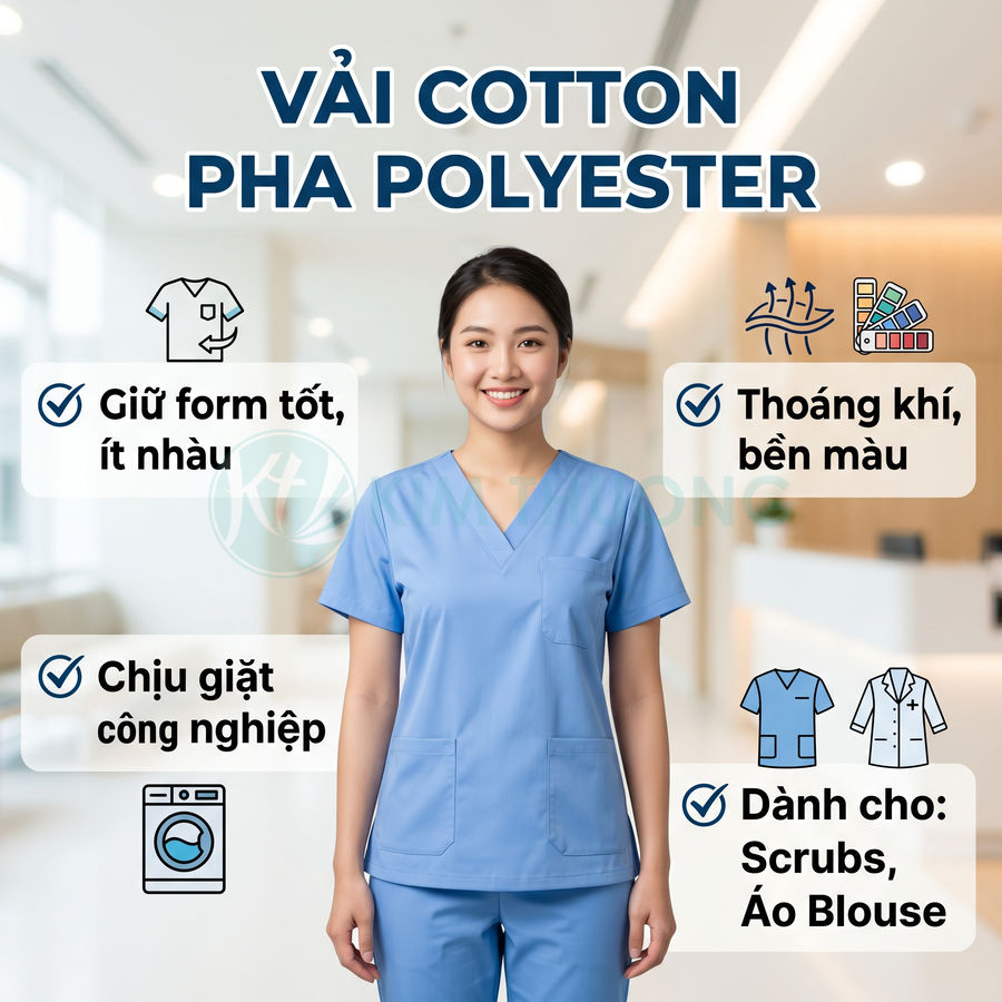 Đồng phục y tá vải cotton pha polyester màu xanh dương, thoáng khí, giữ form tốt, chịu giặt công nghiệp