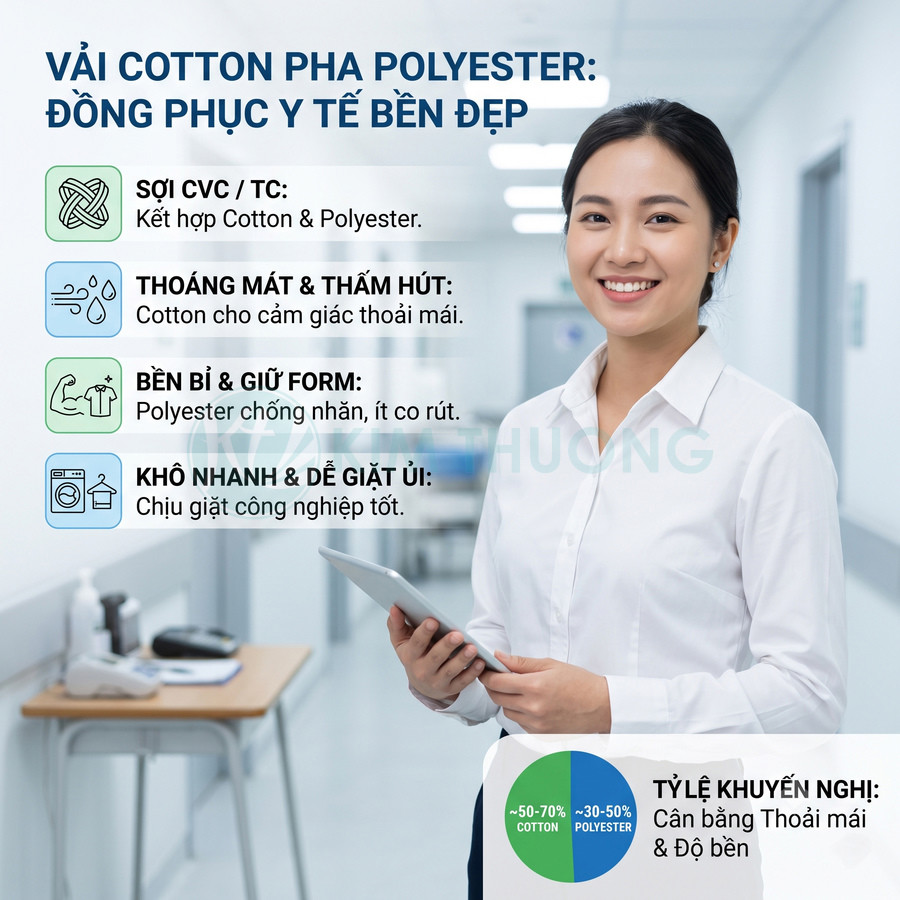 Đồng phục y tế vải cotton pha polyester màu trắng cho nữ nhân viên, thoáng mát bền đẹp trong bệnh viện