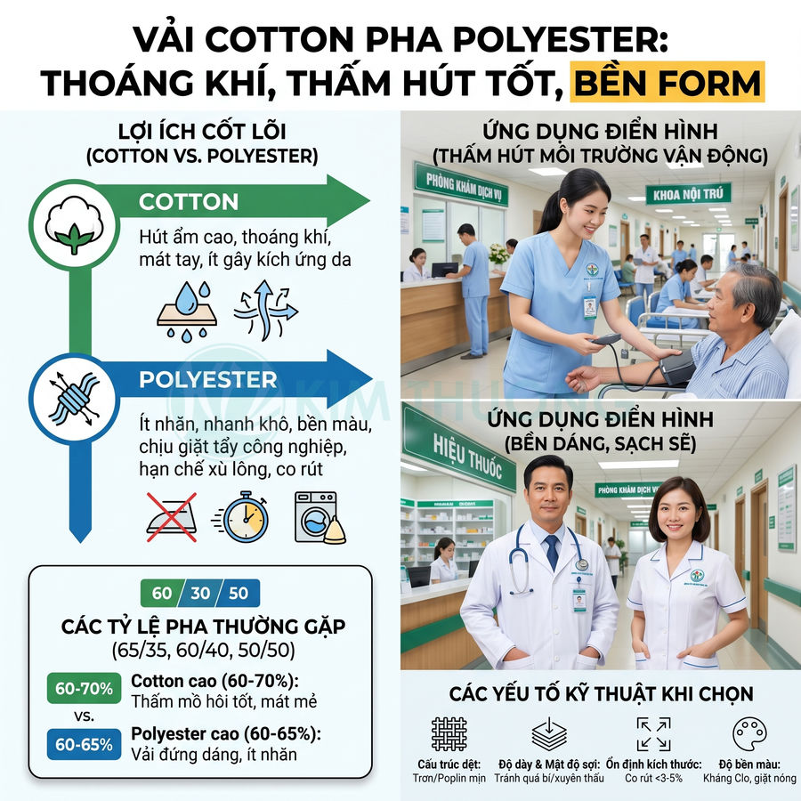 Infographic giới thiệu ưu điểm vải cotton pha polyester cho đồng phục y tế, so sánh cotton và polyester, ứng dụng trong bệnh viện
