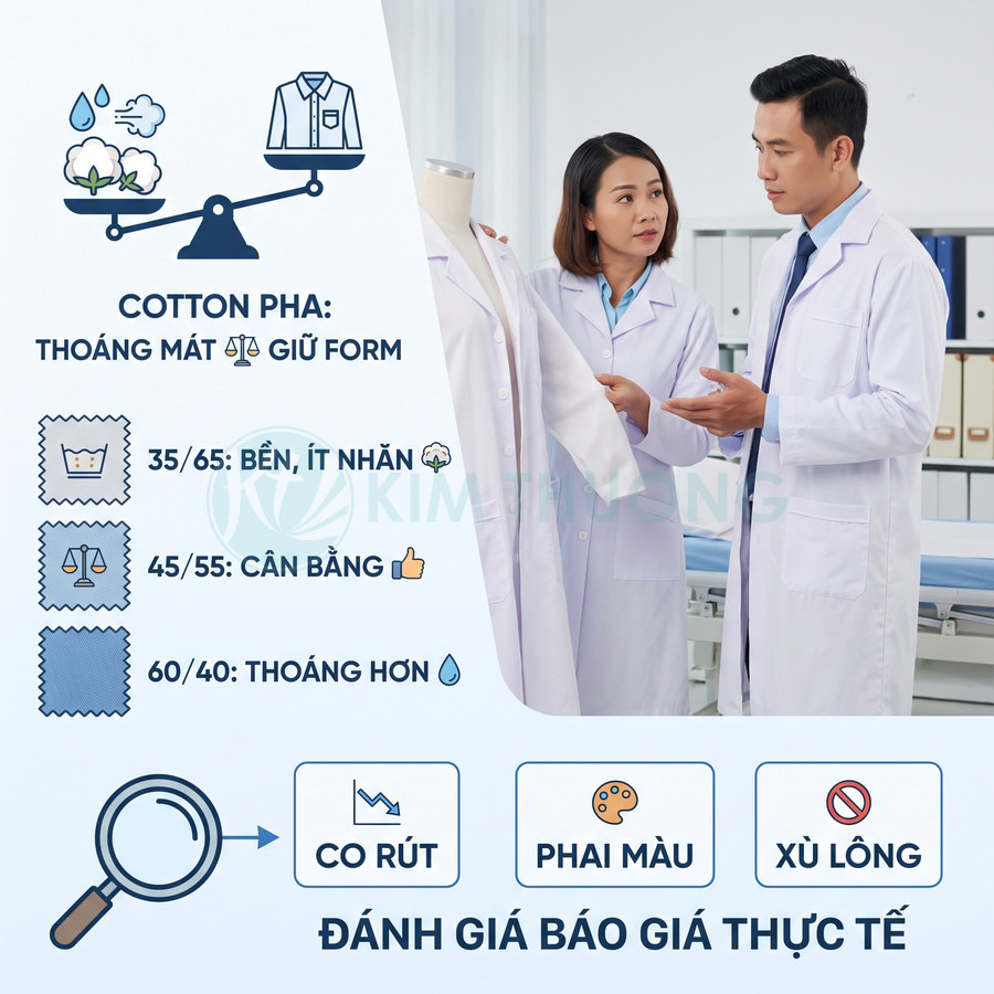 Áo blouse trắng bằng vải cotton pha, thoáng mát, bền và ít nhăn, được nhân viên y tế kiểm tra chất liệu