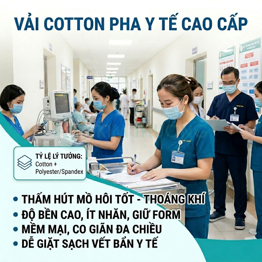 Đồng phục y tá vải cotton pha y tế cao cấp màu xanh, thấm hút mồ hôi tốt, mềm mại và co giãn đa chiều