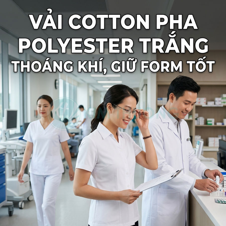 Nhân viên y tế mặc đồng phục vải cotton pha polyester trắng thoáng khí giữ form tốt trong bệnh viện
