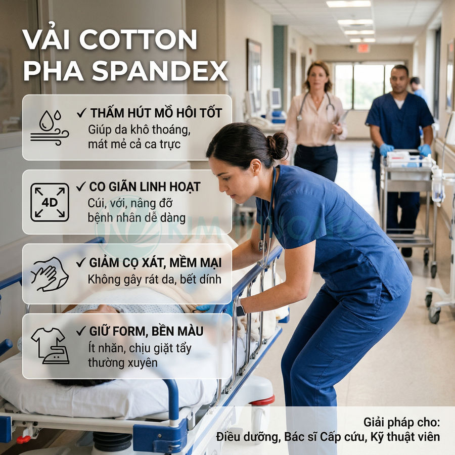 Đồng phục y tá vải cotton pha spandex co giãn, thấm hút mồ hôi tốt, giảm cọ xát, giữ form bền màu trong bệnh viện