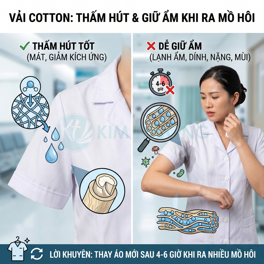 Áo blouse vải cotton thấm hút mồ hôi tốt nhưng dễ giữ ẩm, khuyến nghị thay áo sau 4 đến 6 giờ