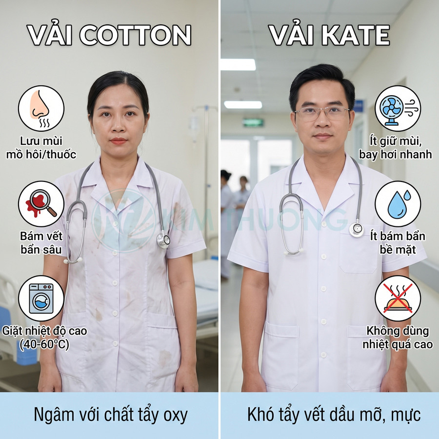 So sánh áo blouse bác sĩ vải cotton và vải kate về khả năng bám mùi, bám bẩn và cách giặt tẩy vết bẩn