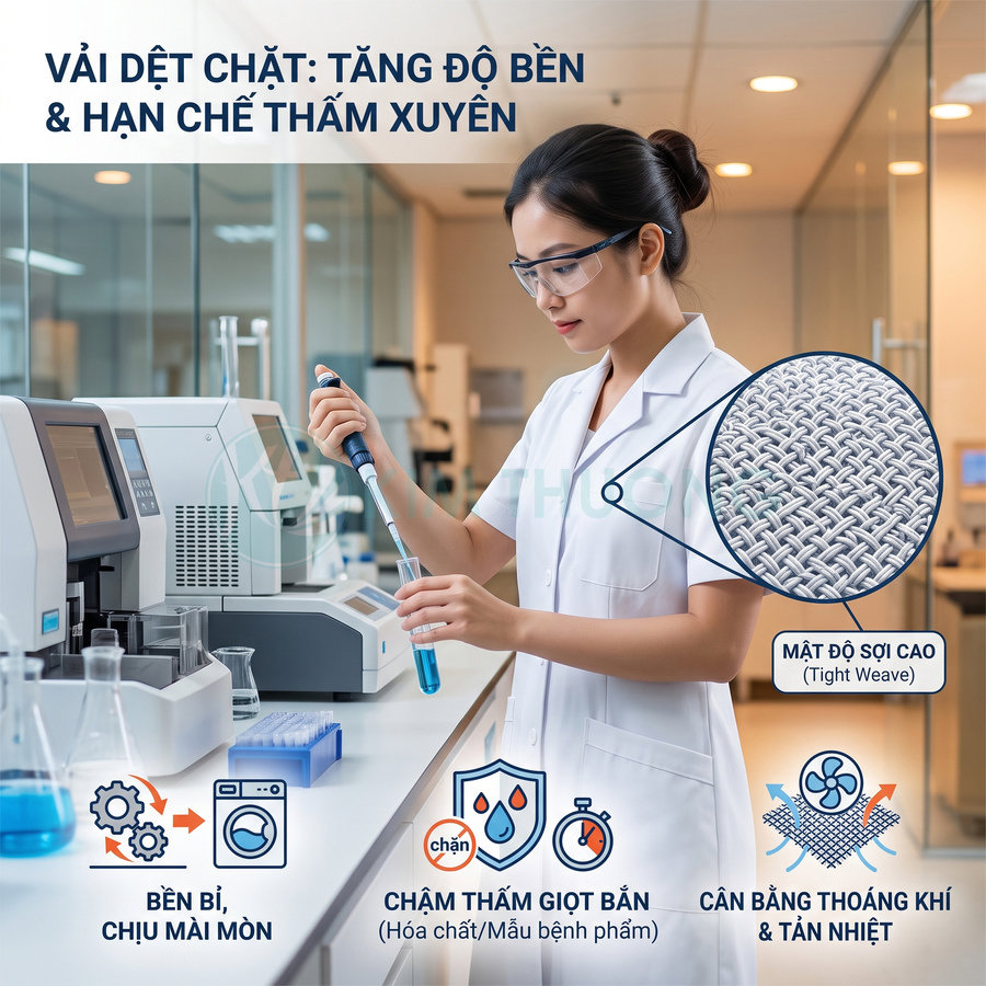 Áo blouse phòng thí nghiệm vải dệt chặt, bền bỉ, hạn chế thấm hóa chất và vẫn thoáng khí cho nhân viên y tế