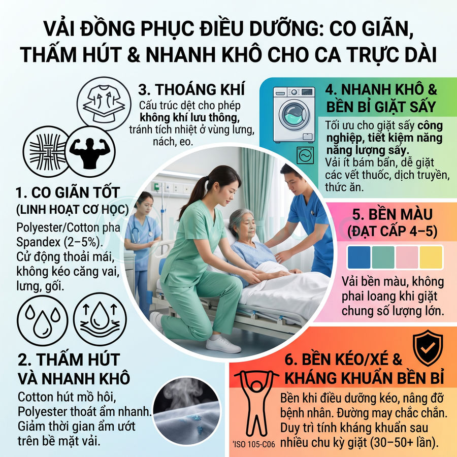 Đồng phục điều dưỡng màu xanh co giãn, thấm hút mồ hôi, nhanh khô, bền màu và kháng khuẩn cho ca trực dài