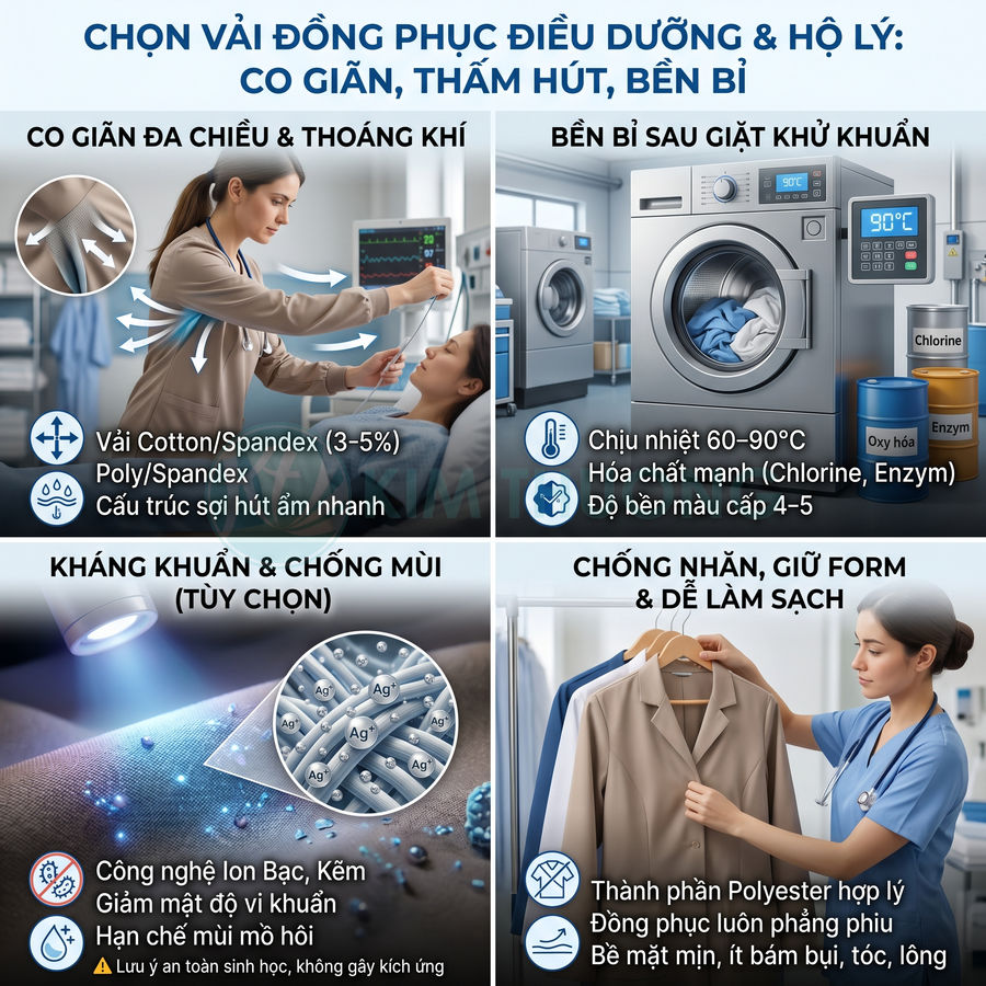 Đồng phục điều dưỡng vải cotton spandex co giãn, kháng khuẩn, chống nhăn, bền màu sau giặt khử khuẩn