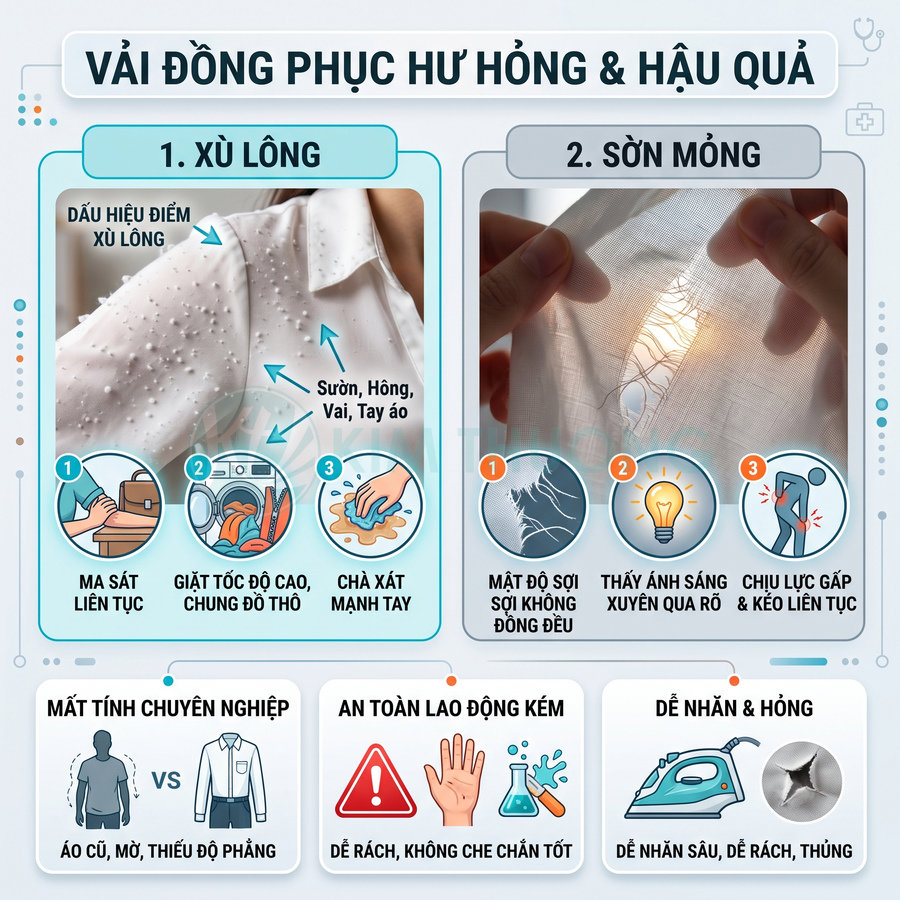 Infographic mô tả các dạng hư hỏng vải đồng phục như xù lông, sờn mỏng và hậu quả khi sử dụng lâu ngày