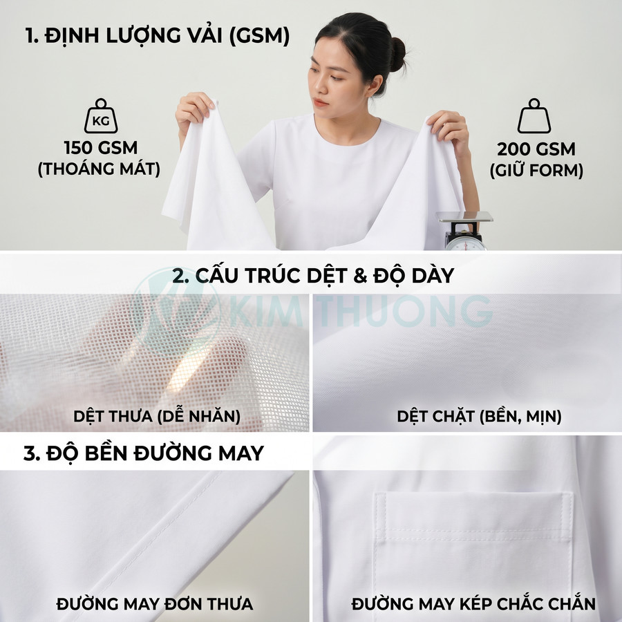 So sánh vải trắng 150gsm và 200gsm, cấu trúc dệt thưa dệt chặt và đường may đơn đường may kép