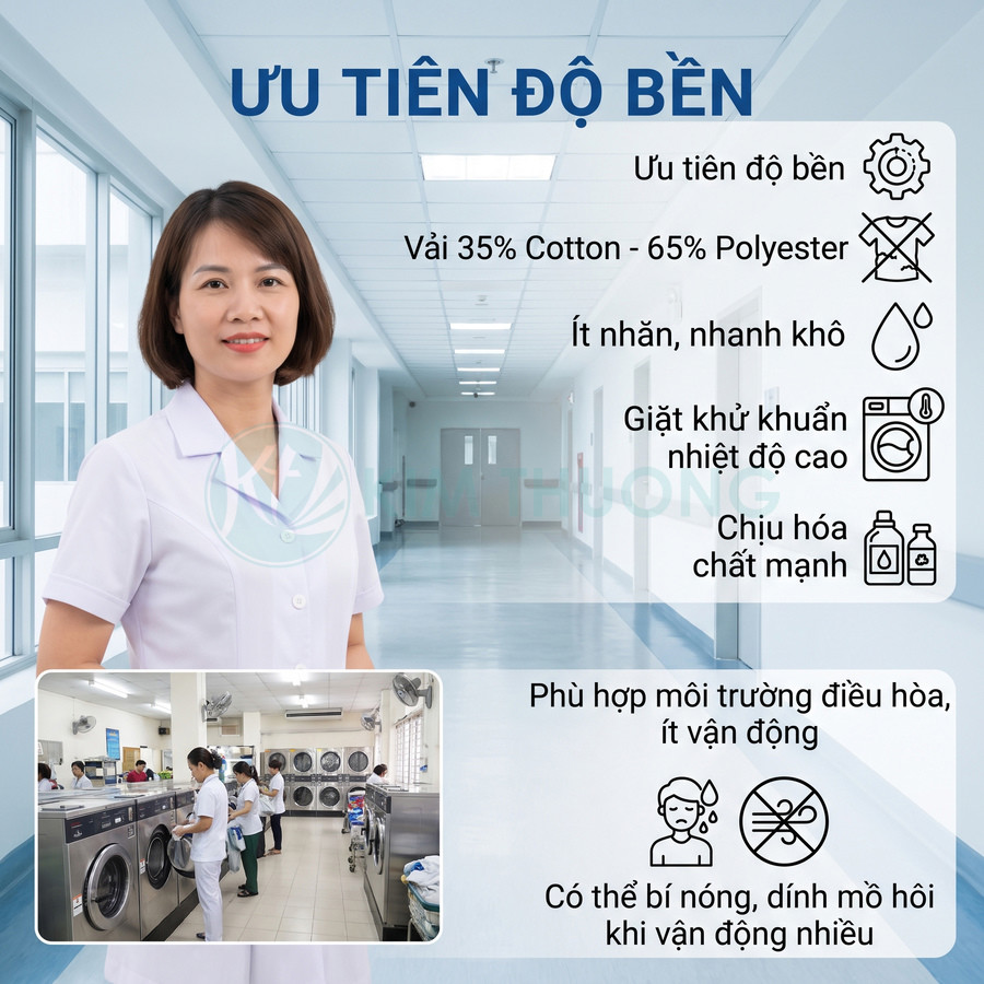Đồng phục y tế màu trắng vải 35% cotton 65% polyester, ít nhăn, nhanh khô và chịu giặt khử khuẩn nhiệt độ cao