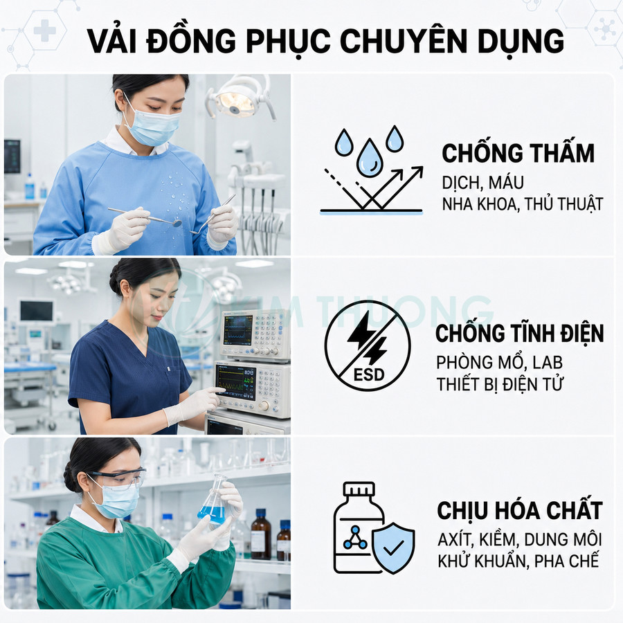 Vải đồng phục y tế chuyên dụng chống thấm, chống tĩnh điện và chịu hóa chất cho bác sĩ, kỹ thuật viên phòng lab