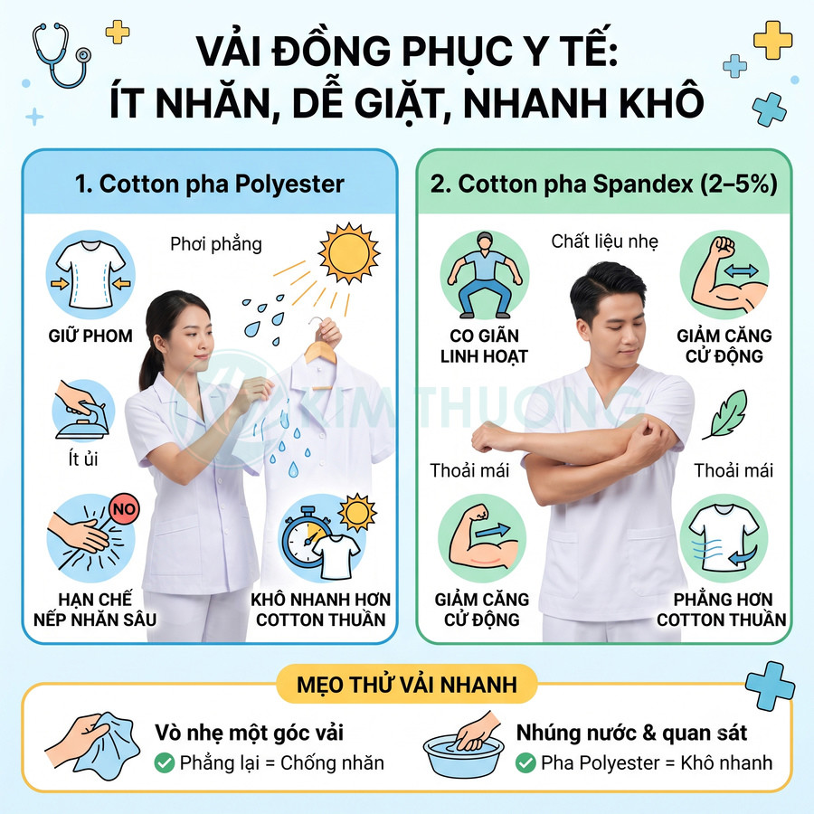 Đồng phục y tế vải cotton pha polyester và cotton spandex ít nhăn, dễ giặt, nhanh khô, người mẫu mặc minh họa