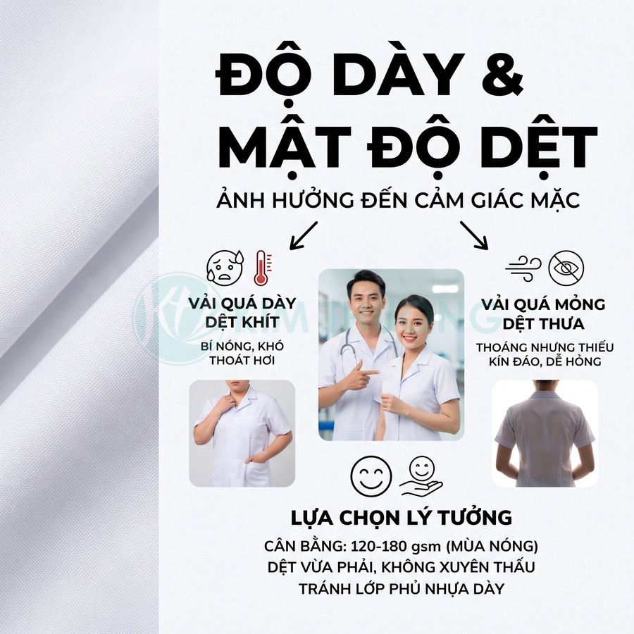 Vải may áo blouse y tế dệt vừa phải, thoáng mát và không xuyên thấu, phù hợp mặc mùa nóng