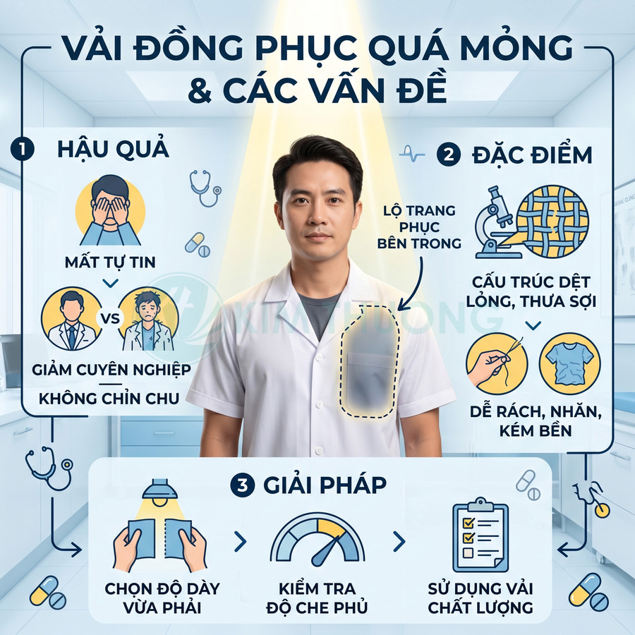 Nam nhân viên y tế mặc áo blouse trắng mỏng lộ áo bên trong cùng infographic về vấn đề vải đồng phục mỏng