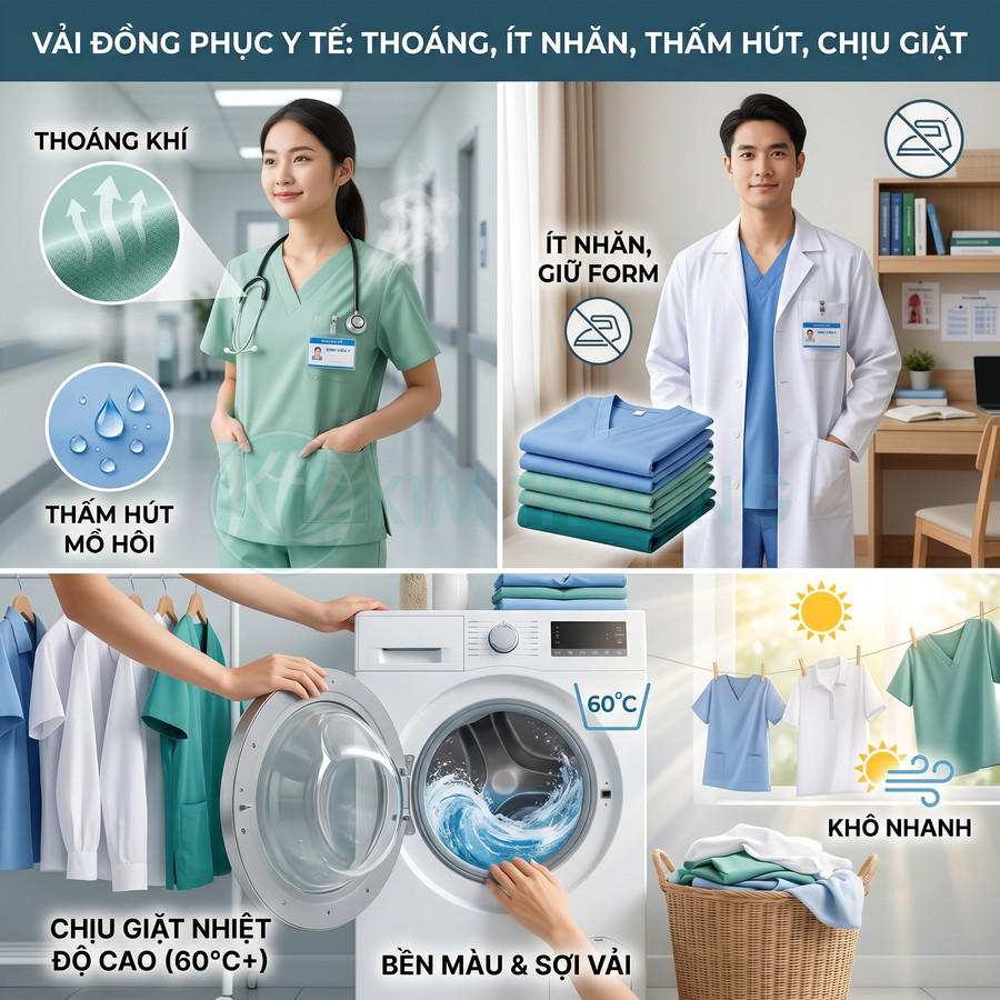 Đồng phục y tế thoáng khí, ít nhăn, thấm hút mồ hôi, chịu giặt nhiệt độ cao và nhanh khô