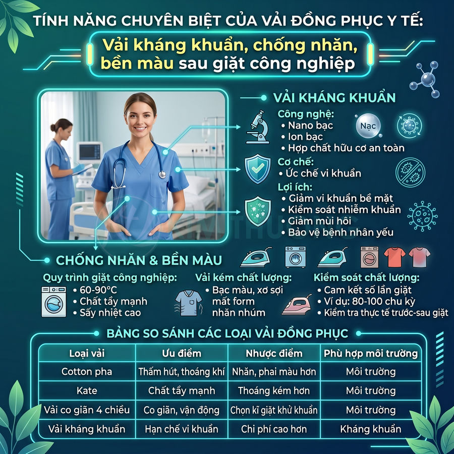 Vải đồng phục y tế kháng khuẩn chống nhăn bền màu, bác sĩ mặc scrub xanh trong bệnh viện và bảng so sánh các loại vải