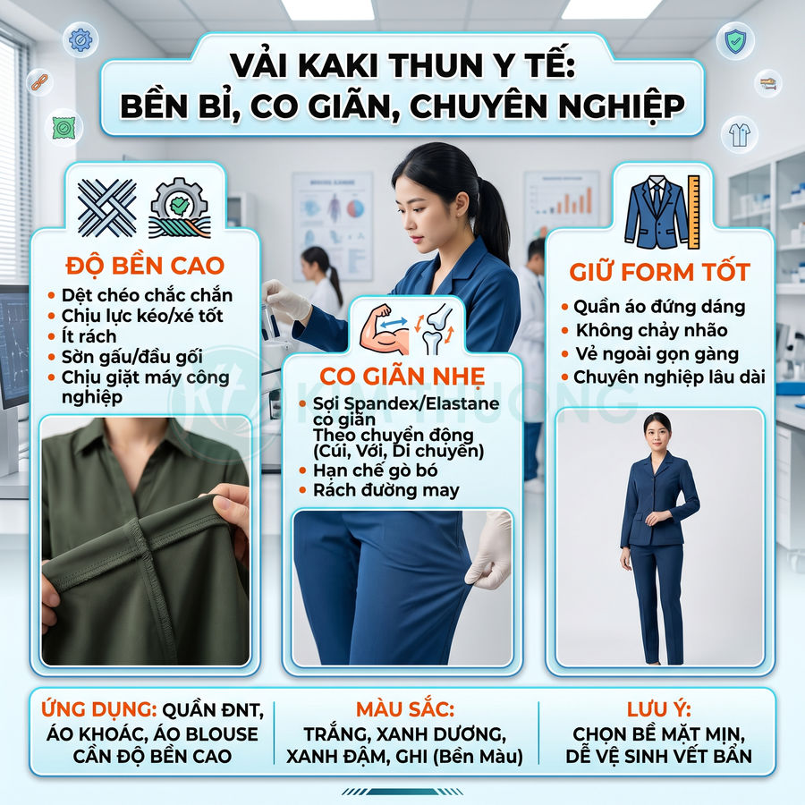 Đồng phục y tế vải kaki thun màu xanh dương co giãn, bền, giữ form tốt cho nhân viên phòng thí nghiệm