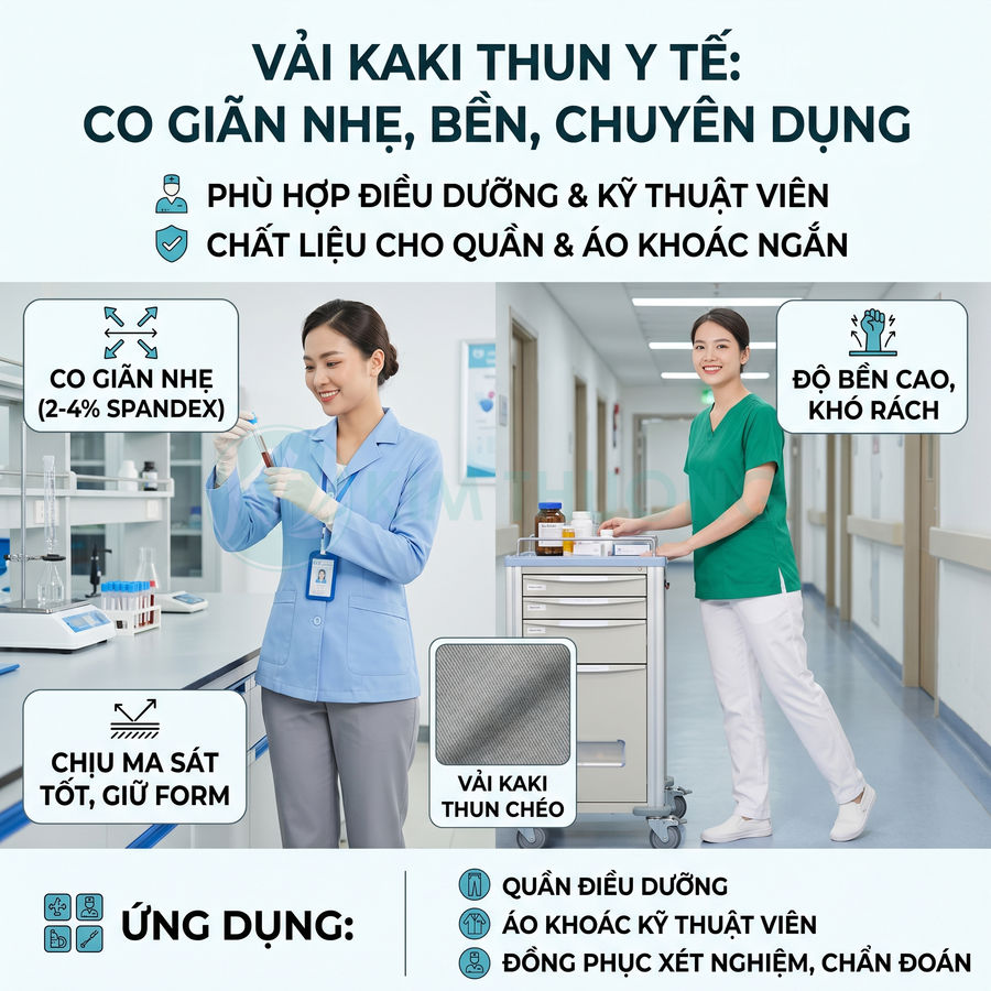 Vải kaki thun y tế co giãn nhẹ cho đồng phục điều dưỡng và kỹ thuật viên, bền chắc, giữ form tốt