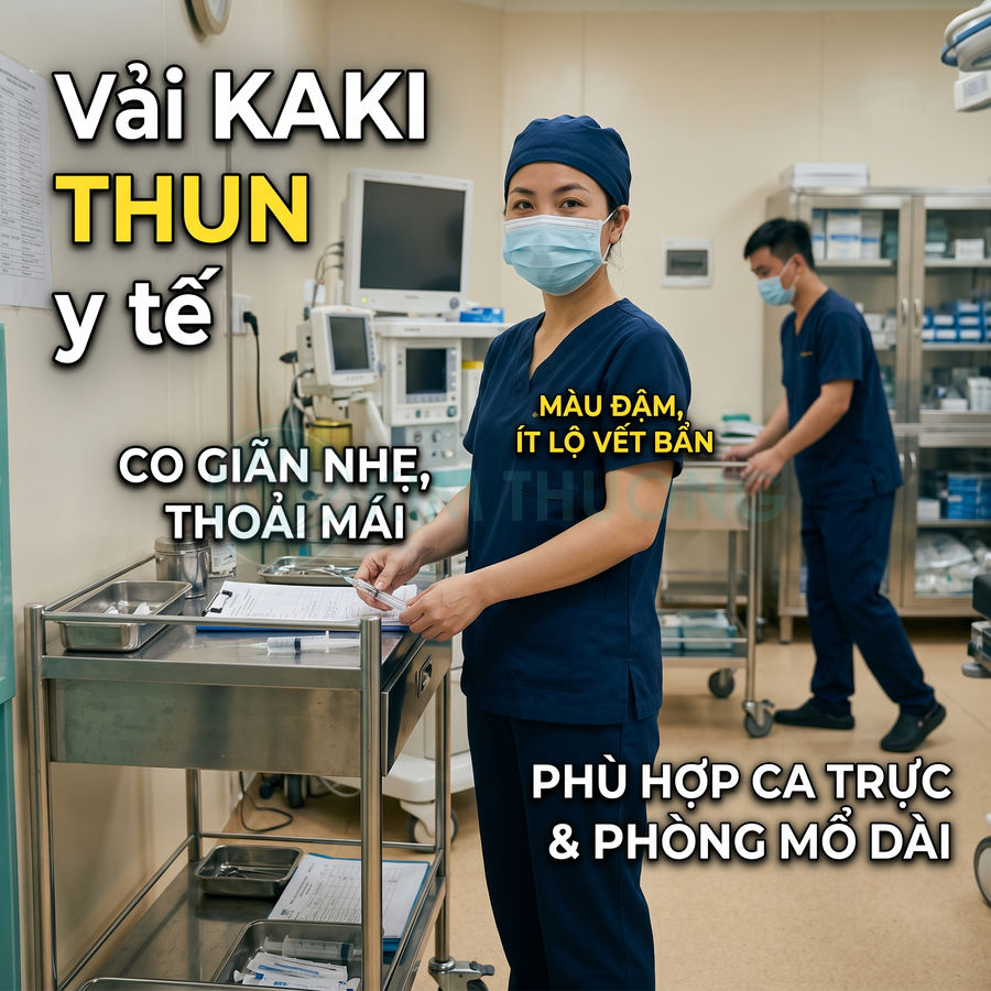 Bộ đồ scrub y tế vải kaki thun màu xanh đậm cho bác sĩ y tá trong phòng mổ