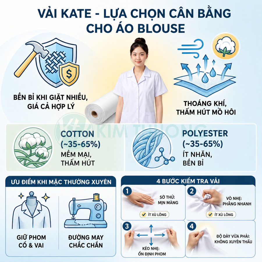 Infographic giới thiệu vải kate cho áo blouse y tế, kết hợp cotton và polyester, bền, thoáng khí, thấm hút mồ hôi